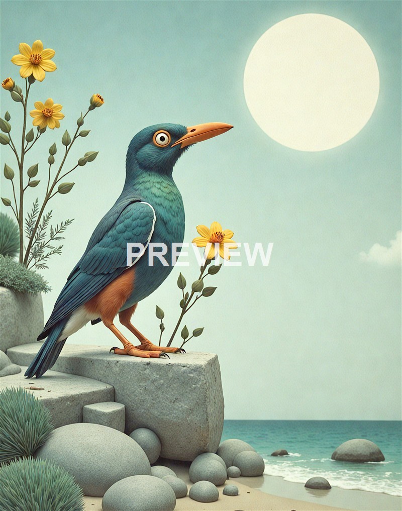 A colorful bird with blue and orange plumage standing on a rocky ledge near the beach, with yellow flowers and a large sun in the sky.